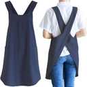 NEWGEM Japanese Linen Cross Back Kitchen Cooking Aprons for Men with Pockets for Baking Painting Gardening Cleaning Navy Blue