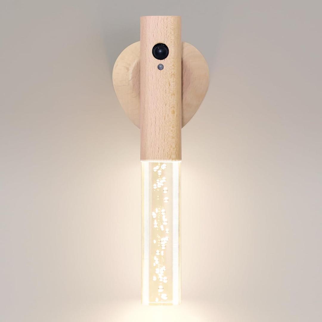 Motion Sensor Night Light Indoor, Rechargeable Night Light Wall Sconce Wooden Set of 1, Battery Powered Magnetic Wall Sconce Decor for Bedroom, Hallway, Bathroom, Stairway, Closet