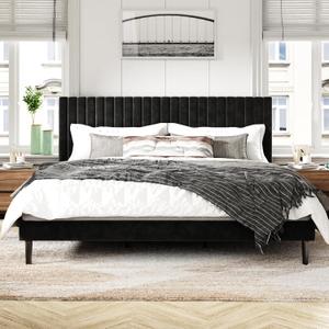 King Size Bed Frame with Velvet Upholstered Headboard, Platform Bed with Strong Wood Slats, Mattress Foundation, Box Spring Optional, Easy Assembly, Black King Size Bed Frame with Velvet Upholstered Headboard, Platform Bed with Strong Wood Slats, Mattress Foundation, Box Spring Optional, Easy Assembly, Black
