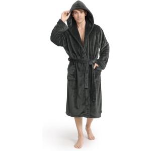 Yurhap Luxury Men's Robe with Hood, Ultra Cozy Fleece Bathrobe for Men, Plush Hooded Robe with Belt & 2 Pockets (Small-Medium, Dark Gray)