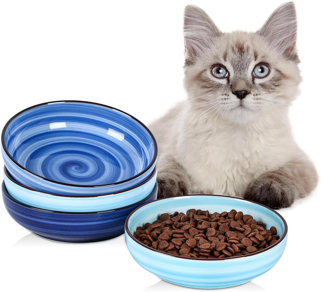 Selamica Ceramic Cat Food Bowl Set of 3, 5.6 Inch Wide Shallow Cat Bowls/Dishes for Food and Water, Vintage
