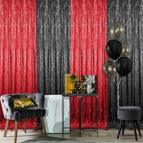 4 Panels 2 x 8 ft Red and Black Sequin Backdrop Curtain Glitter Backdrop Curtain for Congrats Grad Graduation Party Decorations Birthday Wedding Background Anniversary Photography