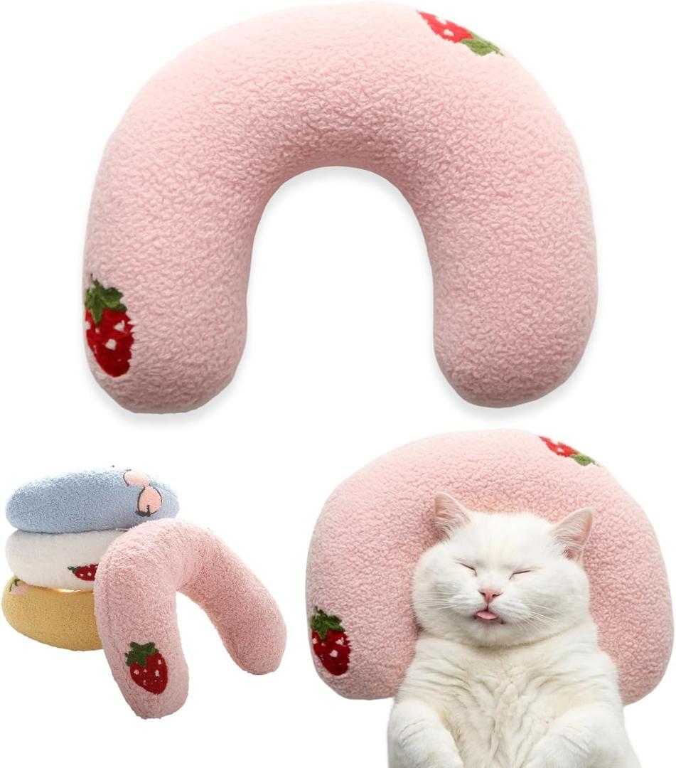 U-Shaped Calming Pillow for Cats and Dogs - Super Soft Plush Fabric, Cozy Headrest, Neck Support for Deep Sleep, Kitten Headrest, Pet Bed (Pink)