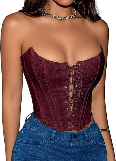 Benfoly Corset Tops for Women Strapless Backless Lace-Up Bustier Crop Tank Top Sleeveless Sexy Summer Going Out Top Y2K Club, Small