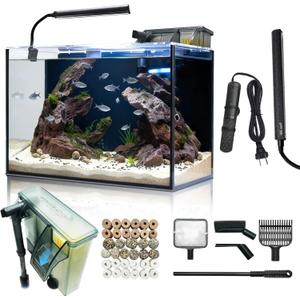 10 Gallon Aquarium Set Glass Fish Tank, Heater Self Cleaning System Filter with Media Bright Light Cleaning Tool, Leak-Proof Clear Rimless Betta Tropical Freshwater Fish