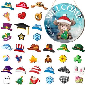 35 Pcs Christmas Interchangeable Highland Cow Welcome Sign Highland Cow Seasonal Wooden Hanging Door Decor Thanksgiving Farmhouse Hanging Sign for Front Door Xmas Party Decoration Gift(Lake Blue)