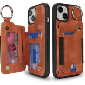 Case for iPhone 13 Phone Case with Keychain Ring Credit Card Holder for Women,for iPhone 13 Leather Case Wallet with Kickstand Card Slots Fashionable Case for Men- Khaki