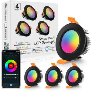 LightingWill 2 Inch Recessed Lighting, Smart WiFi LED Downlight, 5W LED Ceiling Light Compatible with Alexa/Google Assistant, Dimmable RGB & 2700K-6500K, 120V with Driver, Black Trim (4 Pack)