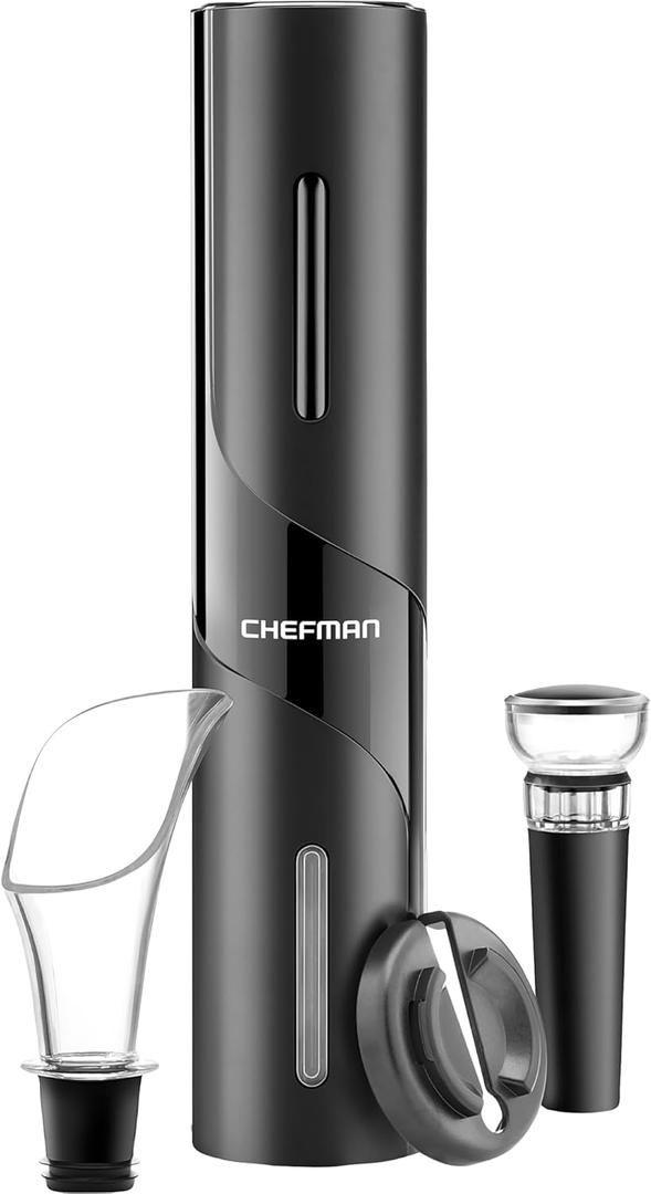 Chefman Electric Wine Opener Makes Opening Bottles Fast, Foolproof, And Fun! Black, Battery-Operated 4-Piece Corkscrew Set Comes With A Foil Cutter, Pourer, And Vacuum Stopper
