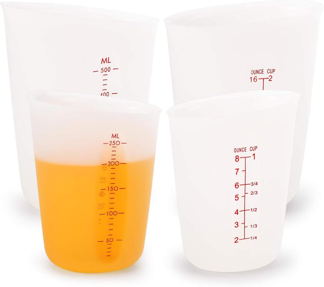 Hedume Set of 4 Silicone Flexible Measuring Cups with Marking, 2 Pack 8 Ounces(1-cup) and 2 Pack 16 Ounces(2-cup) Squeeze and Pour Silicone Measuring Cup Set