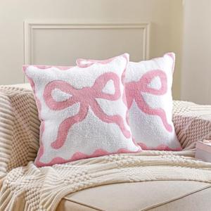 HunnmingRe Pink Bow Pillow Covers Set of 2 Preppy Room Decor Coquette Bow Embroidered Pillow Covers Luxury Soft Pink Throw Pillowcases for Couch Sofa Bedroom Aesthetic Decor, 18x18 Inch