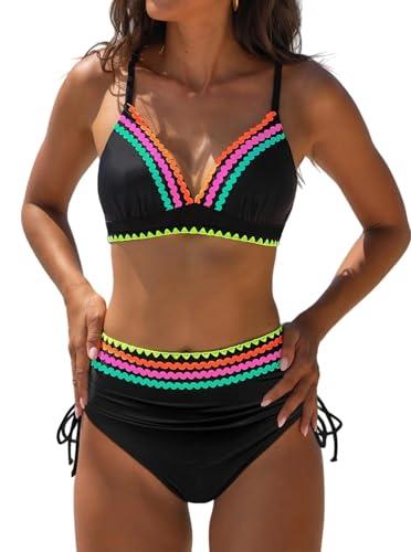 popvil High Waisted Bikini Sets for Women Tummy Control Swimsuits 2026 Neon Two Piece V Neck Drawstring Modest Curvy Bathing Suits Ladies Beach (Black), Size M