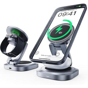 REWONDER Qi2.2 25W Magnetic 3-in-1 Wireless Charger, Foldable Aluminum Charging Stand for iPhone 17/16/15, Pixel, Apple Watch & AirPods, Strong Magnet Stable Base,Travel Charger (Adapter Not Included)