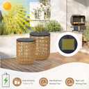 HMVPL Solar Outdoor Side Table Set of 2 with Dimmable Light, Round Patio Side Table for Outside, Outdoor End Accent Tables, Plastic Rattan Patio End Table for Poolside Backyard Gazebo, Dusk to Dawn
