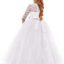 Girls Flower Vintage Floral Lace 3/4 Sleeves Floor Length Dress Wedding Party Evening Formal Pegeant Dance Gown (White), Size 170