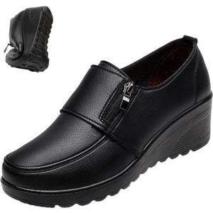 VIFOCUS Women's Round Toe Low Wedge Dress Pumps,Lightweight Comfy Zip Non-Slip Softsole Orthopedic Wedding Party Leather Shoes (8.5, Black Penny)