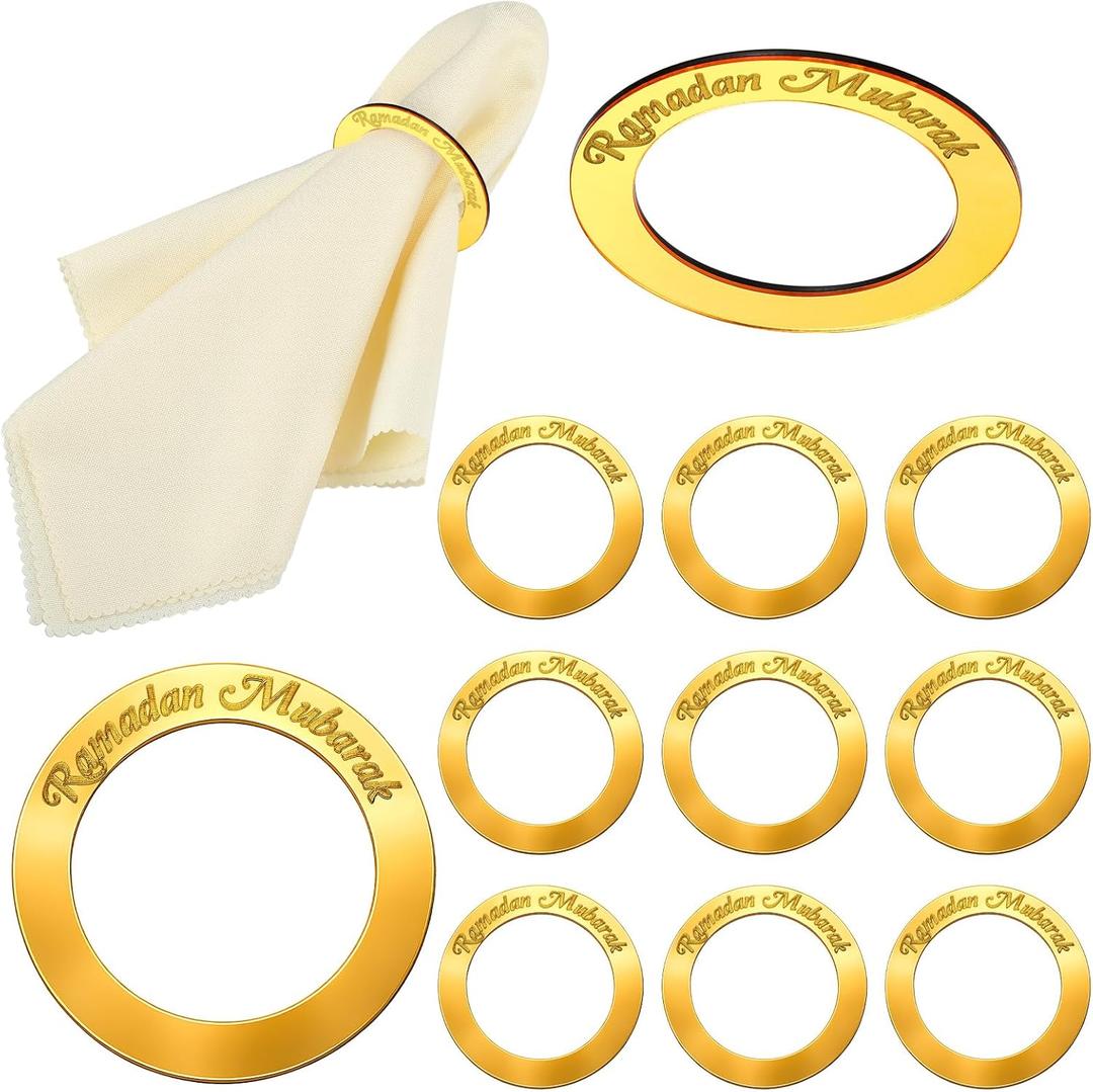 Qinyoung 12 Pcs Ramadan Napkin Rings Islamic Table Decor Napkin Buckles Eid Al Adha Mubarak Iftar Table Decoration for Ramadan Muslim Theme Party Supplies, Acrylic(Gold)