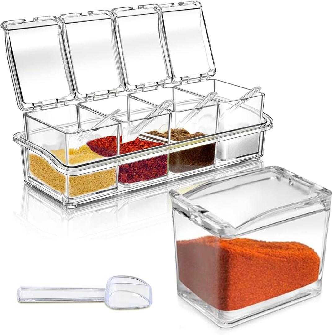 4-Cell Clear Seasoning Rack Spice Box Storage Container Condiment Jars Acrylic Seasoning Box with Cover and Spoon