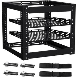 10U Open Frame Network Rack - 4 - Post Cold - Rolled Steel, Wall Mountable or Floor Standing, with 2 x 1U Adjustable Shelves & Mounting Hardware