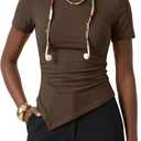 ZESICA Asymmetrical Ruched Tops for Women 2026 Summer Casual Short Sleeve Slim Fit Y2K Going Out Shirts (S)