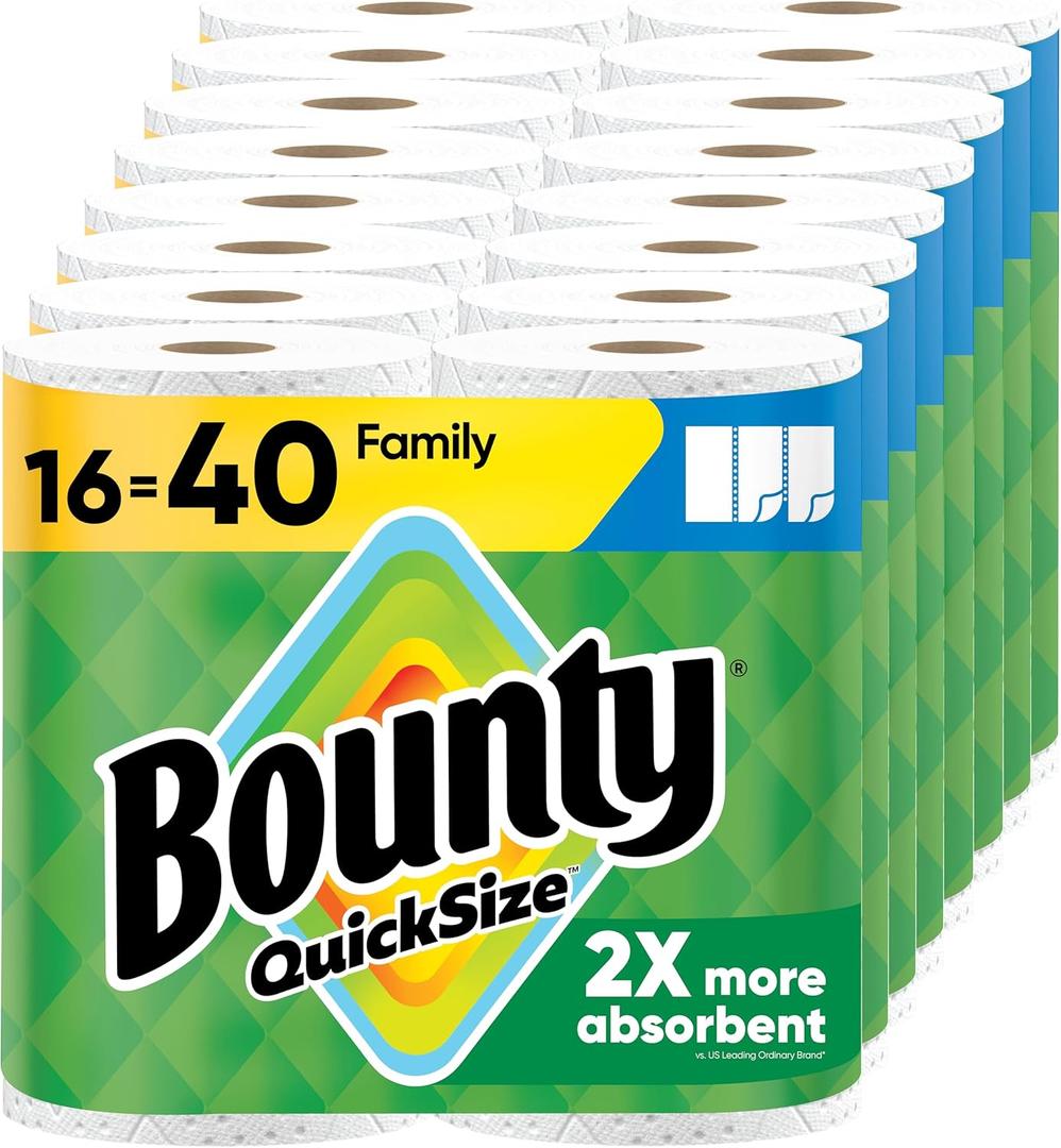Bounty Paper Towels Quick Size, White, 16 Family Rolls = 40 Regular Rolls (107 sheet (Pack of 16)