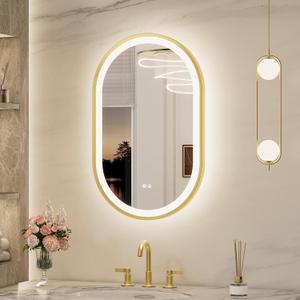 Keonjinn Oval LED Bathroom Mirror 20x32 Inch, Gold Beveled Metal Frame, Frontlit & Backlit Bathroom Mirror with 3 Color Tempurature, Dimmable Lighted Mirrors for Wall with Anti-Fog, HD Tempered Glass