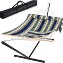 SUNCREAT Hammocks Double Outdoor Hammock with Stand, Cotton Rope Two Person Hammock with Polyester Pad & Large Pillow, Carrying Bag, Blue& Gray
