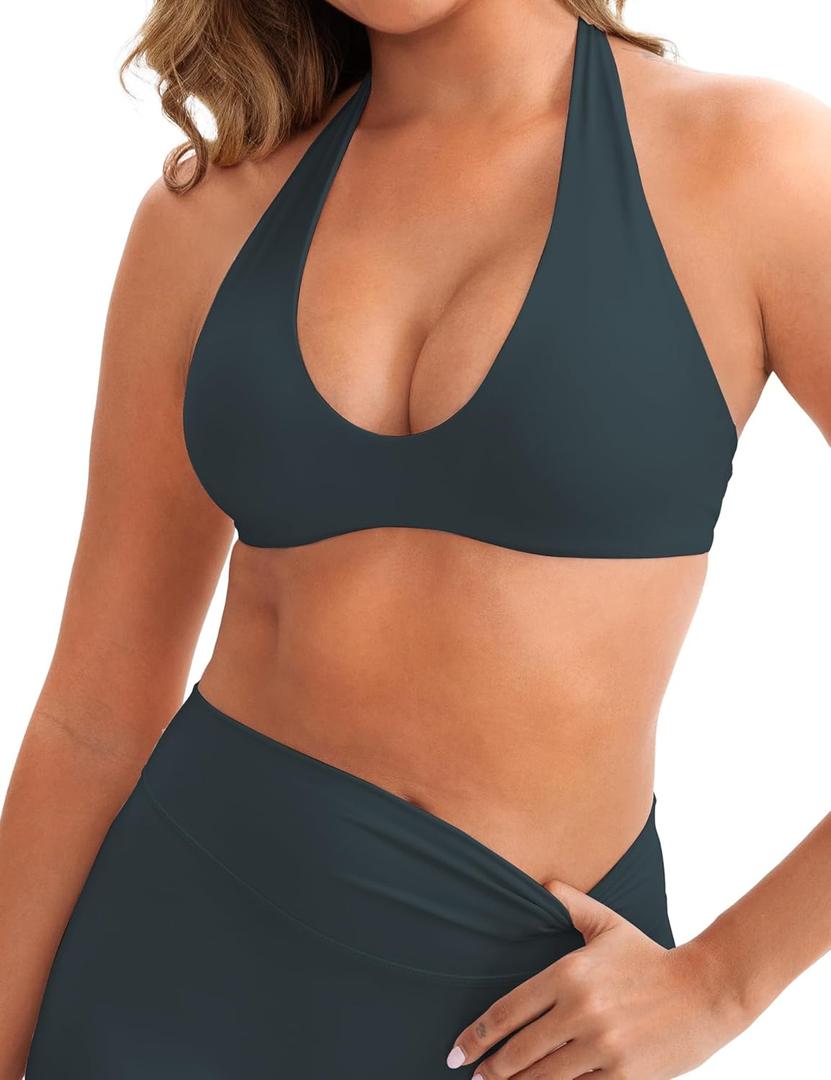 Halter Sports Bra for Women Longline Strappy Open Back Yoga Bra Removable Cups Workout Gym (Medium, Dark Blue)