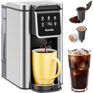 K Cup Coffee Maker, Hot & Iced Coffee Maker for K Cup and Grounds, 6-14 Oz Brew Sizes, 50oz Removable Tank, Single Cup Coffee Maker with Descaling Reminder, Stainless Steel, Black