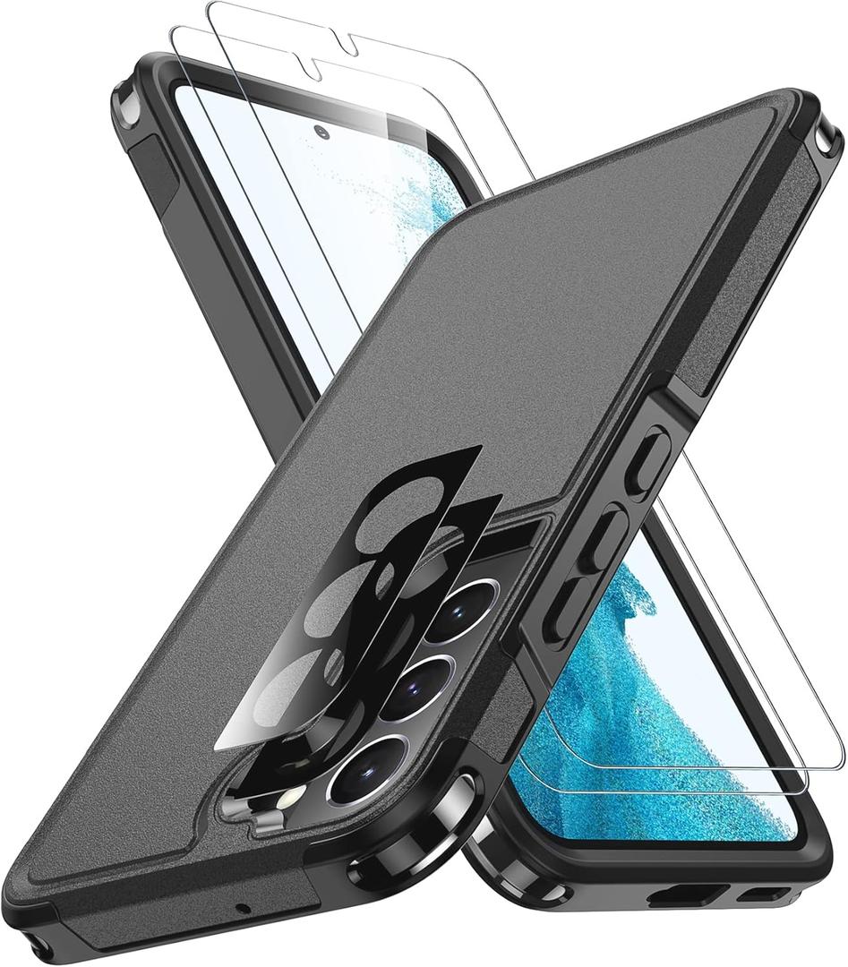 SPIDERCASE for Samsung Galaxy S22 Case, [10 FT Military Grade Drop Protection],2 Pack [Tempered Glass Screen Protector+Camera Lens Protector] Heavy Duty Shockproof Case for Galaxy S22 6.1'',Black