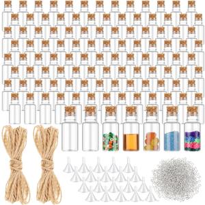 Bokon 100 Packs Mini Plastic Bottles with Corks Stoppers Eye Screws Funnels Small Potion Bottles Tiny Clear Sand Art Jar Wishing Vial for Birthday Party DIY Crafts Gift (1 x 2.28 Inch)