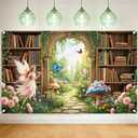 Enchanted Fairy Tale Library Backdrop - Woodland Bookshelf Green Garden Book Tree Floral Plant Butterfly Mushroom Backdrop Photography Background Birthday Baby Shower Photo Studio Shoot 71x43 in