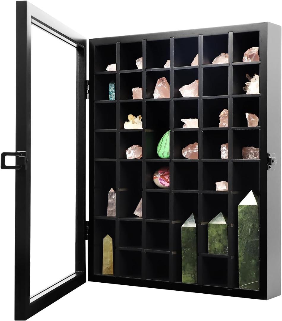 KCRasan Adjustable Rock Display Case - Wooden Crystal Organizer for Stones Storage - Rock Collection Box with Shelves for Agate Opal Crystal Stone Arrowheads Spear Points Rocks Large Black