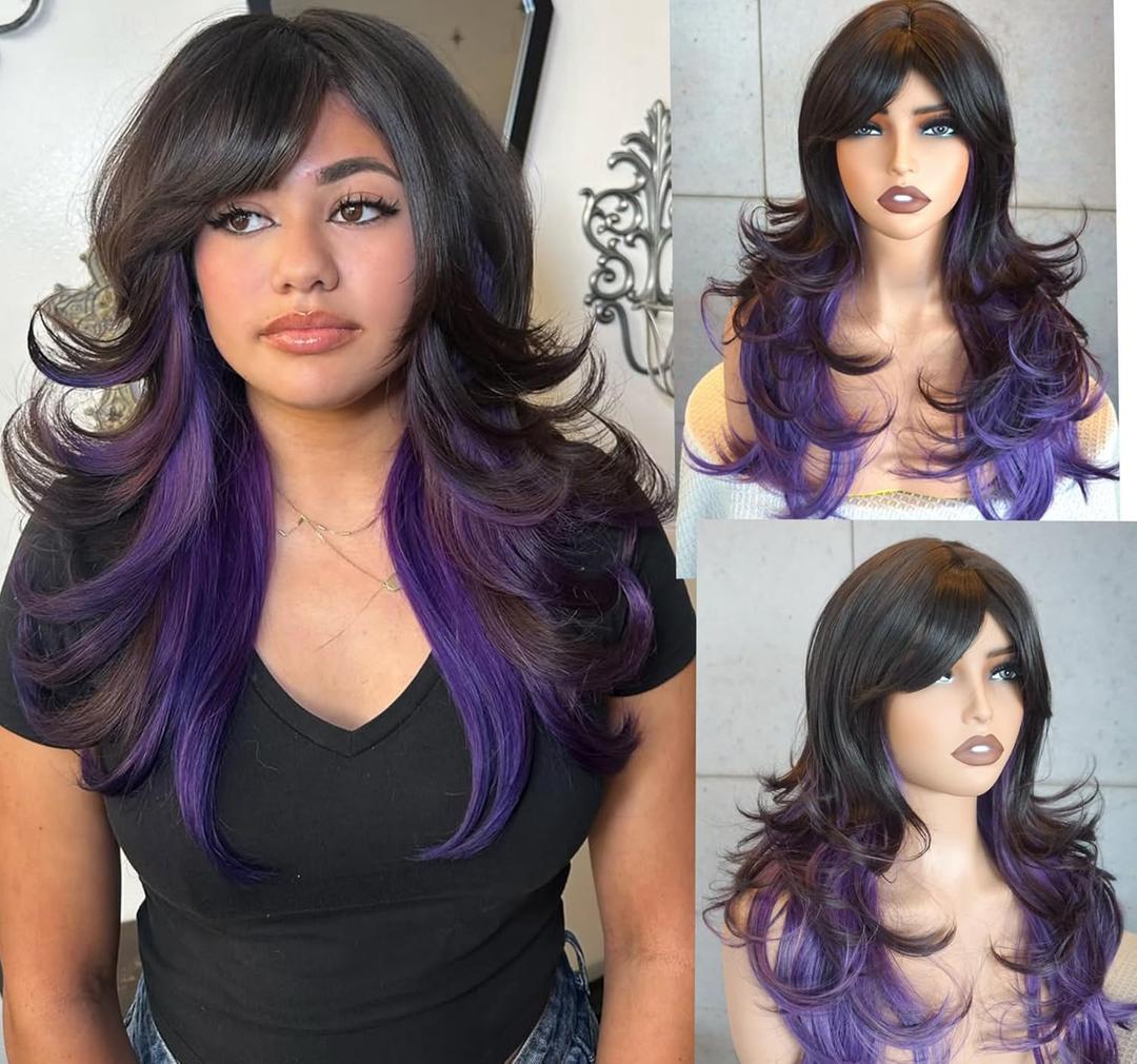 Purple Black Layered wigs with bangs wigs layered wig 28inches synthetic wig with falltering curl ombre color for white women (Black purple)