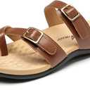 Athlefit Orthopedic Sandals for Women with Arch Support Adjustable Comfort Walking Orthotic Flip Flops, 7, Tan