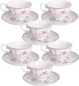 fanquare Vintage Porcelain Tea Set for Women Tea Party, Cup and Saucer Set for 6, Wedding Floral Teapot Set for Adults, Pink Rose