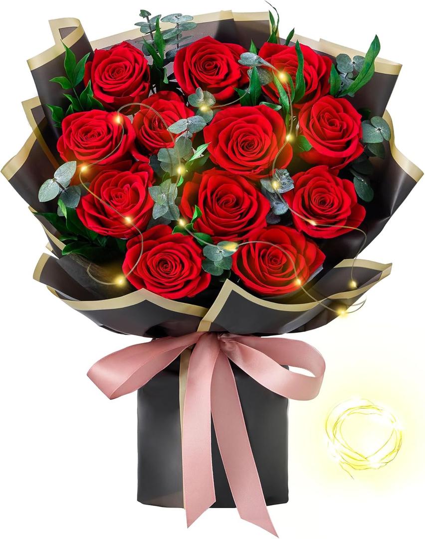 Mosstory Flower Bouquet 12-Piece Red Preserved Roses Bouquet with Led Lights Gift for Women Wife Mother Day Wedding Anniversary Birthday (Black)