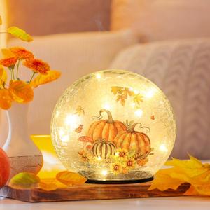 NEEDOMO Fall Table Decor, Sparkling Crackle Glass Ball with LED Lights Timer for Thanksgiving Decor, Autumn Centerpieces Thanksgiving Decorations for Home Tabletop Mantel Indoor