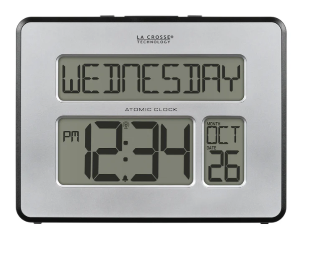 513-1419B Atomic Digital Wall Clock w/ Calendar and Indoor Temperature