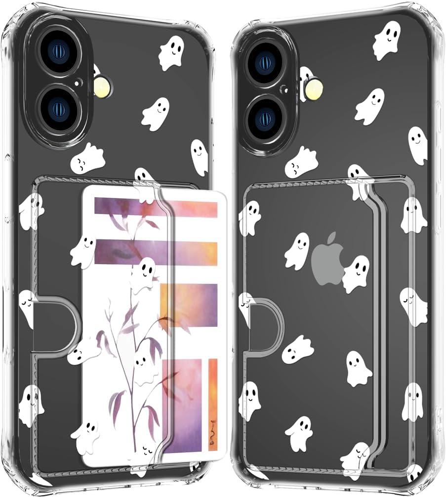 Compatible with iPhone 17 Case Card Holder for Women Cute Design,Wallet Phone Cases Transparent Cool Kawaii Protective (Clear Ghosts Halloween Hallowmas)