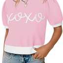 Womens Puff Short Sleeve Sweater Casual Cropped Knit Shirts Cute Valentines Pullover Jumper Tops (X-Large, Pink)