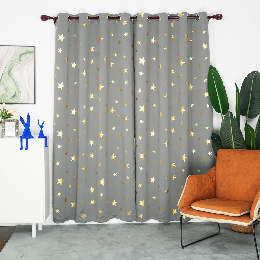 INLINAS 52W x 84L Inch Blackout Curtains for Bedroom Living Room, Gold Foil Printed Stars Pattern, Thermal Insulated and Noise Reducing, Light Grey, 2 Panels