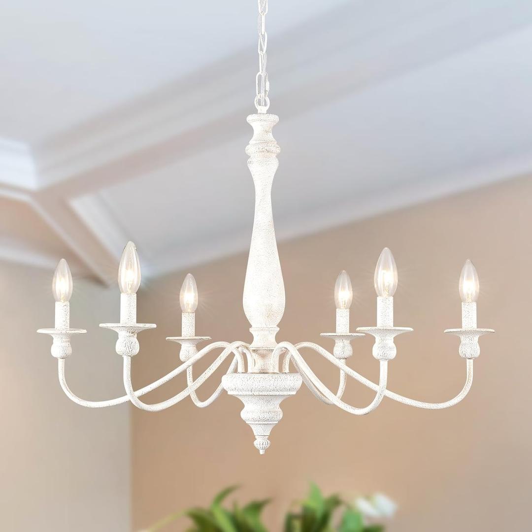 6-Light French Country Chandelier 28" Farmhouse Dining Room Light Fixture, Antique Wood Distressed White Chandelier, Rustic Hanging Ceiling Lighting Fixtures for Foyer Living Room Bedroom Entryway