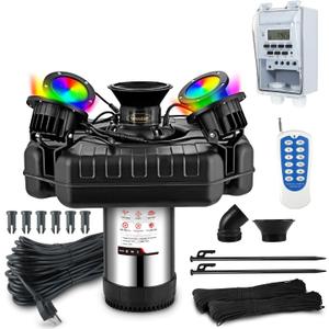 Goldlife Pond Fountain Aerator, F3 With 4 RGB Lights, 1HP 750W 110V Stainless Steel Floating Fountain With 100FT Power Cord, Octagon Aerating Fountain Pump for Small Large Pond Lake Pool Bay Fish farm