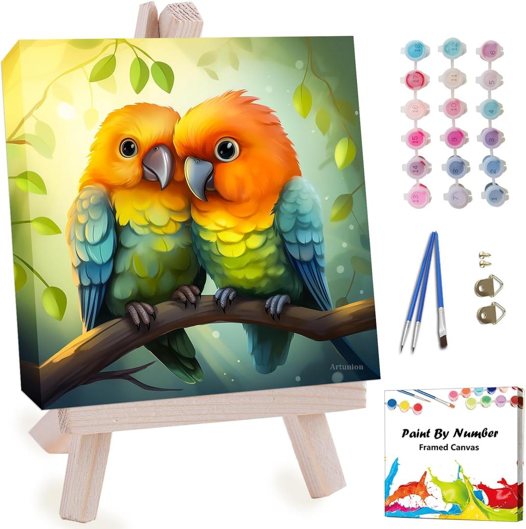 Artunion Framed Paint by Numbers Kit for Adults Beginners & Kids Ages 8-12,Couple Bird Paint by Number with Frame,Birds in Love Animal Paint by Numbers Kit on Canvas 10 * 10 Inch Without Easel (ZXT-320-F)