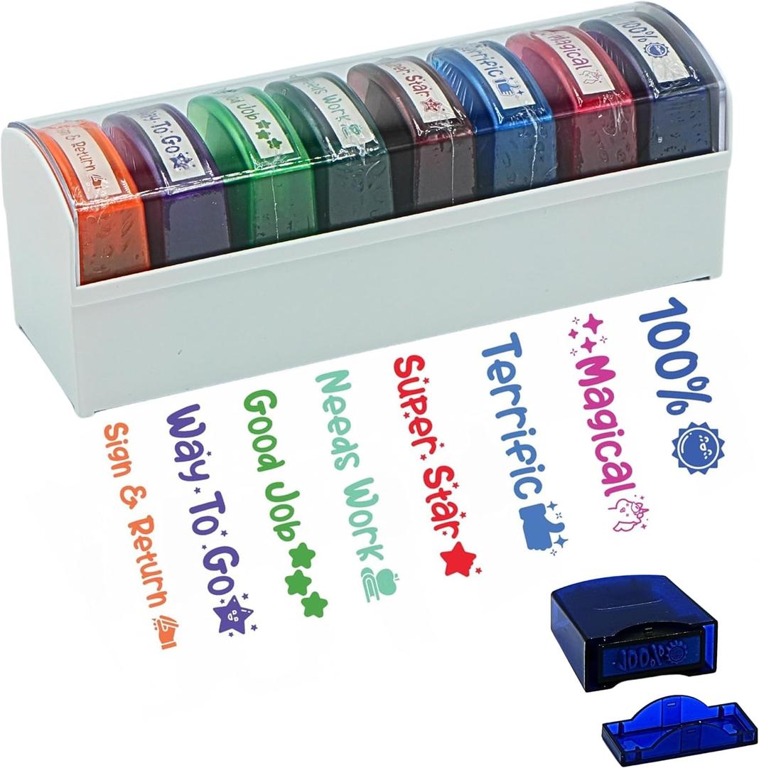 4E's Novelty 8 Pcs Teacher Stamps for Classroom Grading, Self Inking Teacher Stamp with Signs, Multicolor Grading Stamps for Teachers Elementary, School Stamp for Kids, Homework Stamp Set Bulk