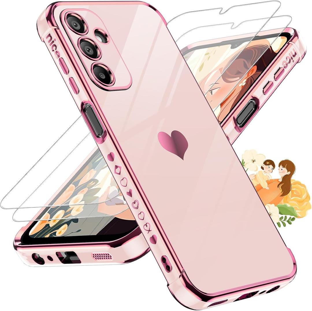 LeYi for Galaxy A15-5G Phone Case: with Tempered Glass Screen Protector [2 Pcs]+ Full Camera Lens Protection, Love Heart Plating Girly Women Luxury Shockproof Android A 15, Pink