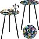 Outdoor Side Table Set of 2 Patio Side Tables for Outside Black End Tables Small Outdoor Table Round Patio End Table Metal Side Table Outside, Indoor, Bedroom, Living Room, Small Spaces, Navy Floral