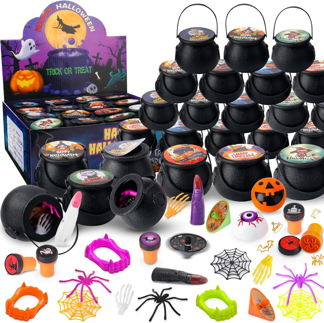252 PCS Halloween Party Favors for Kids32 Pack Prefilled Cauldrons with Bulk Toys, Trick or Treat Alternatives for Boys and Girls, Halloween Goodie Bag Fillers, Classroom Prizes