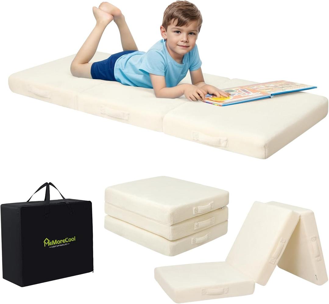MeMoreCool Foldable Floor Mattress for Kids, Toddler Floor Nap Mat for Sleeping Daycare, Small Child Foldable Bed, Trifold Futon Portable Tri Folding Mattress, 57x22 Inch (Beige)